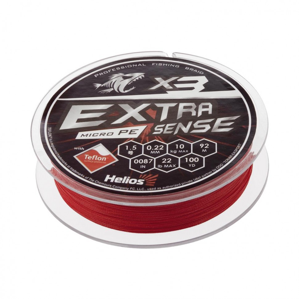 Шнур плетеный Helios Extrasense X3 PE 1.5/22LB 0,22мм 92м Red HS-ES-X3-1.5/22LB , 